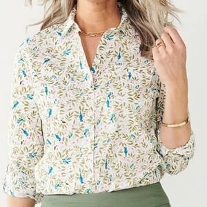 Womens Bird Leaf Print White Button Down Long Sleeve Shirt Lg?